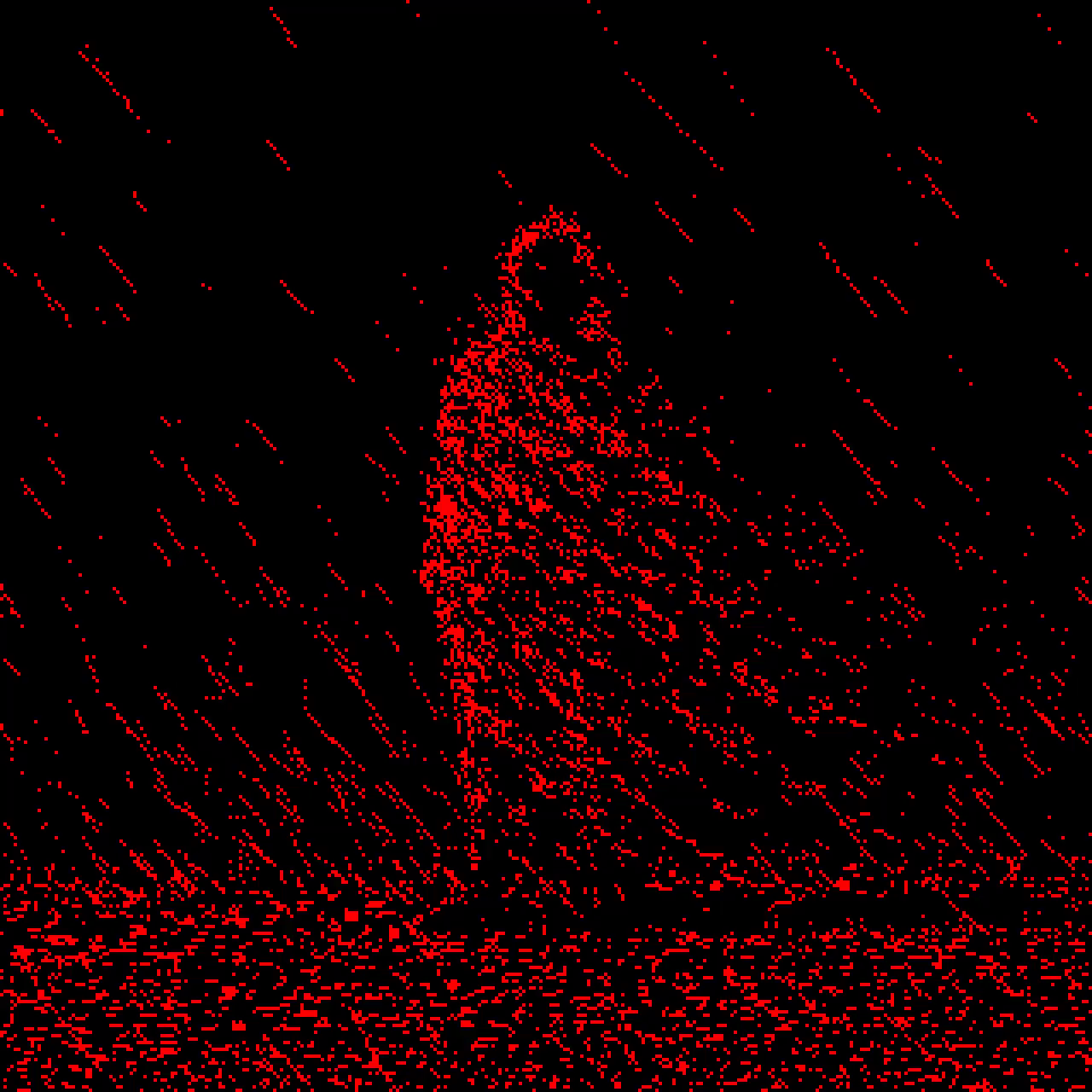 Red pixel-art figure standing in the rain, animated artwork by YUDHO